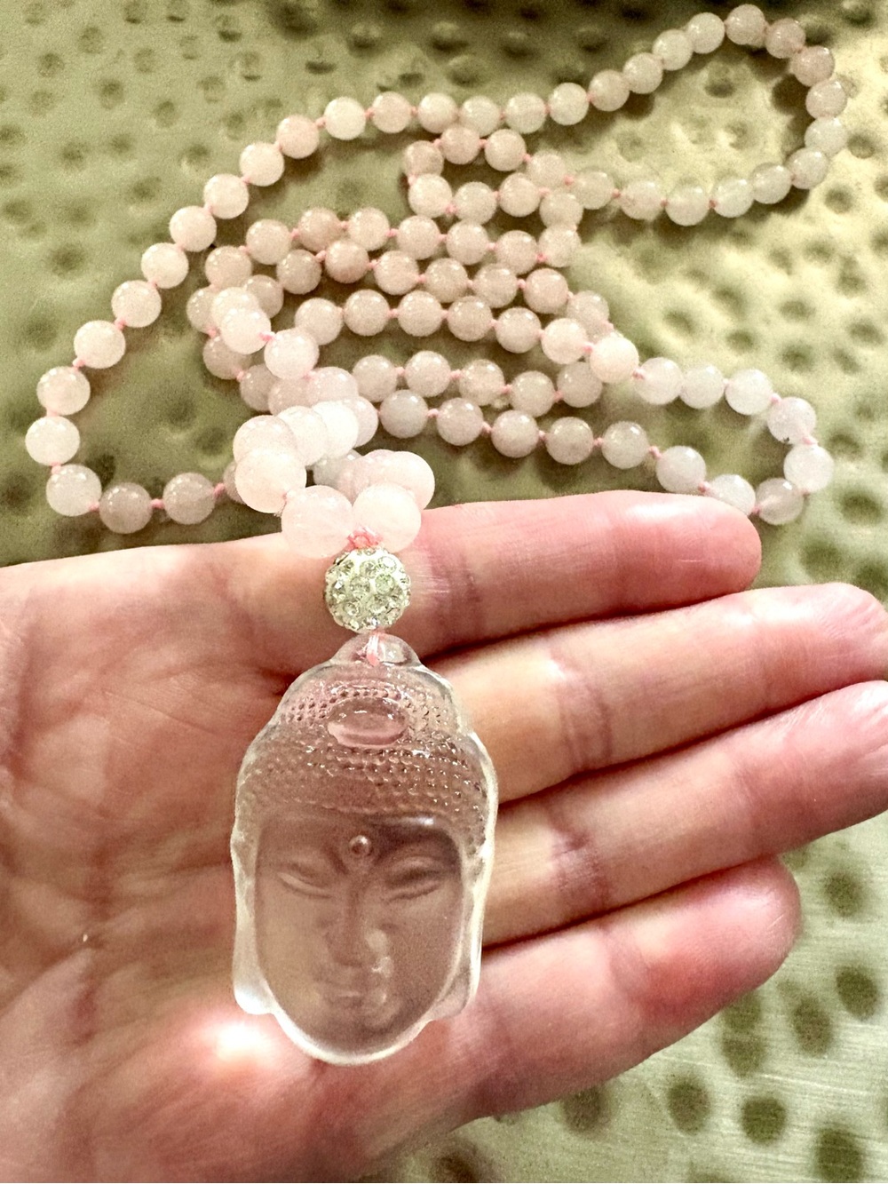 Vintage Rose Quartz Buddha Necklace Rock Crystal Pendant Hand Knotted 40”